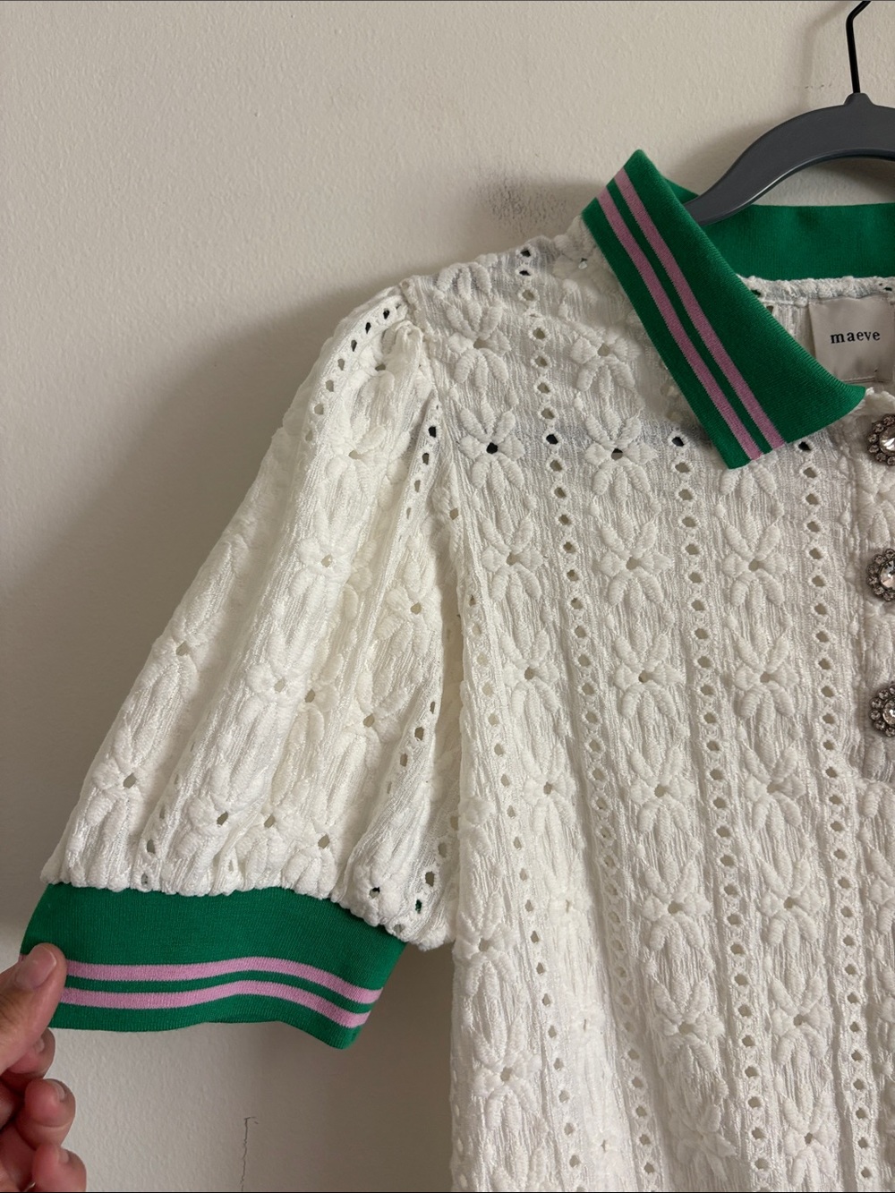 Anthropologie Maeve Puff Sleeve Lace Polo in White Green Size Medium New Tag - Picture 10 of 13